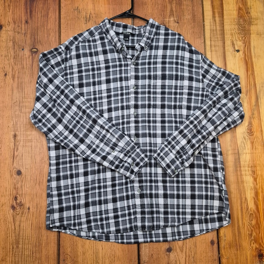 Eddie Bauer Mens 2XL Black White Grey Plaid Cotton Button Down Flannel Shirt